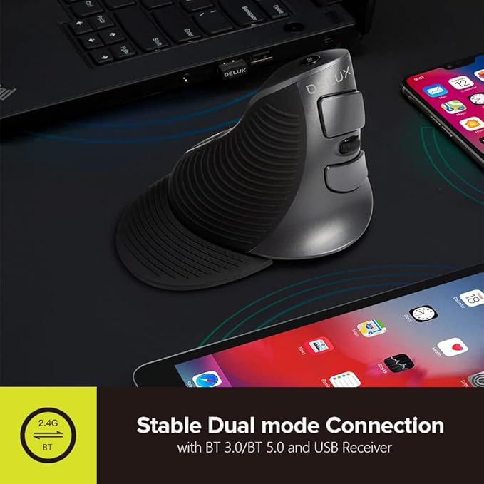 DeLUX Rechargeable Ergonomic Wireless Mouse Silent, 1600DPI, Reduce Hand and Wrist Pain, Vertical Mouse with USB Receiver and BT 5.0, 6 Buttons and Removable Palm Rest (M618G DB-Black)