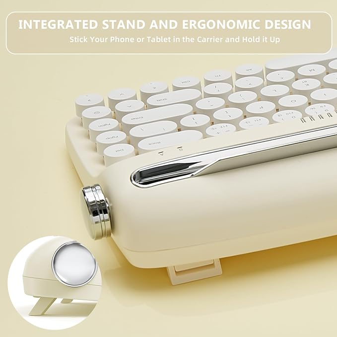 YUNZII Upgraded Wireless Typewriter Keyboard, Retro Aesthetic with Integrated Stand,Cute Round Keycaps, USB-C/Bluetooth Connection for Table, Phone, PC and Win/Mac/Android (B307, Ivory Butter)