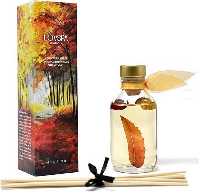 LOVSPA Reed Diffuser Set, Heirloom Pumpkin Scented Oil Diffuser with Sticks, Home Fragrance Accessories for Bathroom Shelf Decor, Aroma Diffusers for Home or Office Fall Decor, USA Made