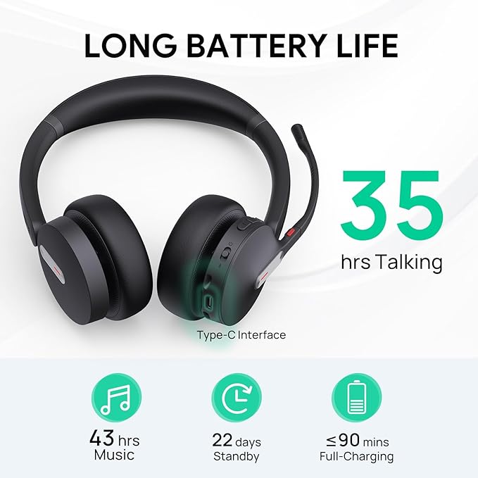 Yealink BH70 Dual Wireless Bluetooth Headset with Mic for Work, Teams Certified, up to 35h Talk Time, 147g All-Day Wearing Comfort, USB-C/A