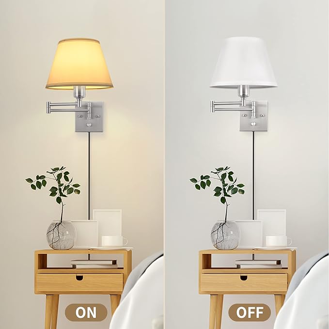 TRLIFE Wall Sconce Plug in, Dimmable Wall Sconces Set of 2 Brushed Nickel Swing Arm Wall Lights with Plug in Cord and On/Off Dimmer Rotary Switch, 9.4" Medium White Fabric Shade(2 Pack, 2 Bulbs)