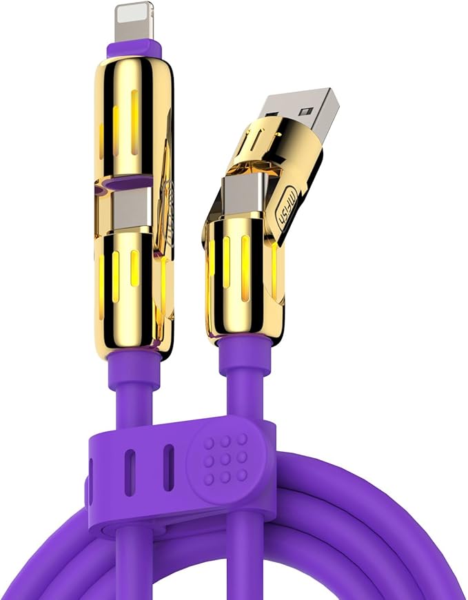 MFish 4-in-1 Universal USB Charging Cable with Carrying Case – 240W Max Fast Charger Cord, USB-A, Dual USB-C & Lighting, for iPhone 14/15/16/17 Series, iPad & MacBook and More (Purple Color, 6.6Ft)