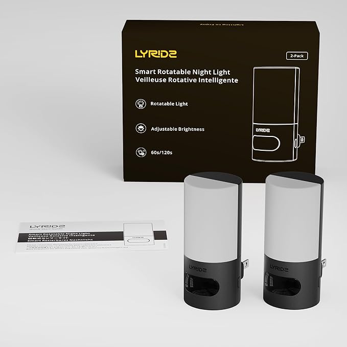 Lyridz Plug-in LED Amber Night Light with Motion Sensor, Rotatable, Dimmable Backlit Nightlight, 1-150lm Adjustable Brightness for Bathroom, Bedroom, Hallway, Stairs, 2 Pack