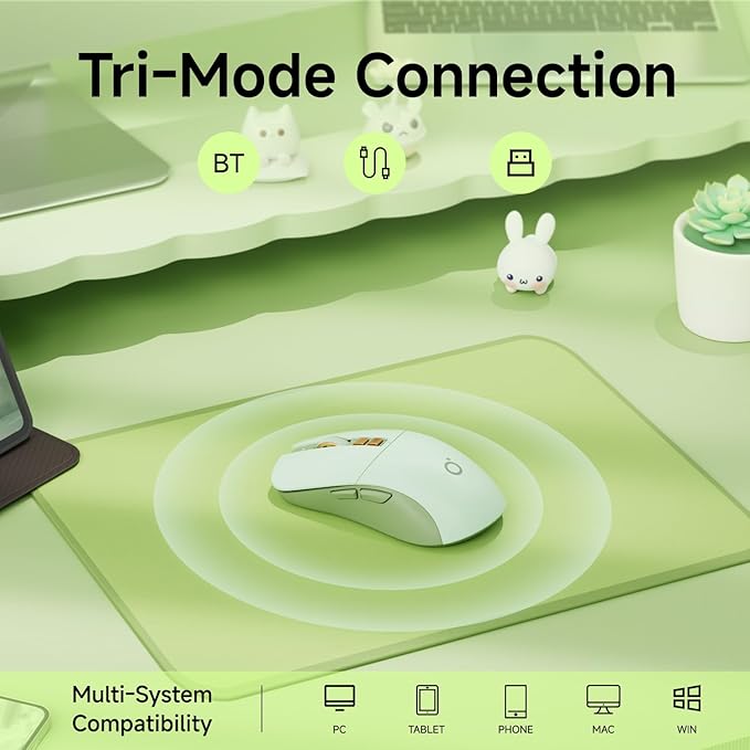 EWEADN G309 Wireless Computer Mouse,2.4G&Bluetooth Ergonomic Cordless Mice with 4000 DPI,5 Adjustment Levels,Cute and Portable Mouse for Laptops, PC and More,7 Buttons Office USB Mice-Green