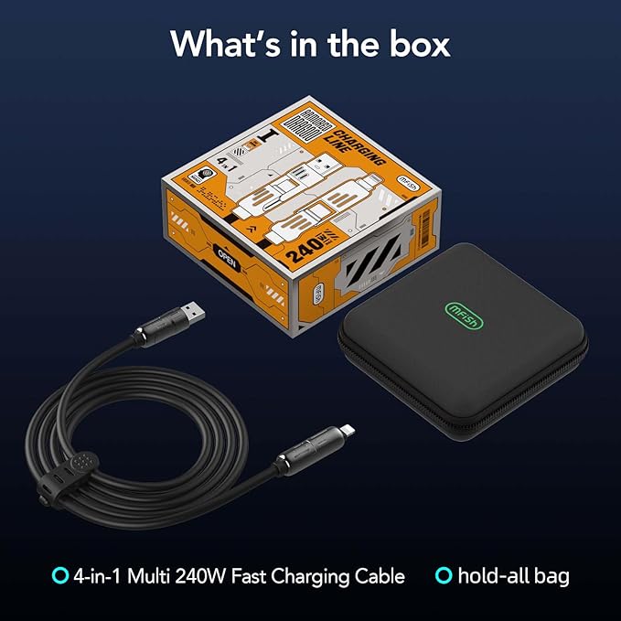 MFish 4-in-1 Universal USB Charging Cable with Carrying Case – 240W Max Fast Charger Cord, USB-A, Dual USB-C & Lighting, for iPhone 14/15/16/17 Series, iPad & MacBook and More(Black, 6.6Ft)