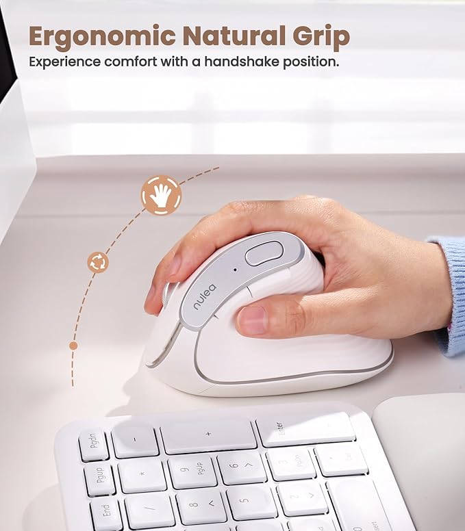 Nulea M510 Vertical Mouse Wireless, Ergonomic Mouse for Comfy Tracking, 3 Adjustable DPI (800-1200-1600), 2.4G Wireless Vertical Mouse with 6 Buttons, Compatible with Windows, Mac OS, Laptop, White