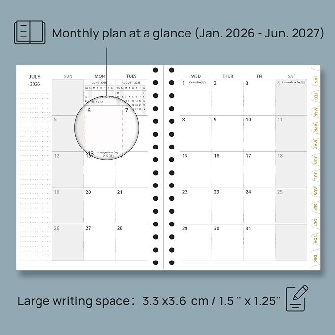 POPRUN Monthly Planner 2026-2027 Spiral Hardcover (6.25'' x 8.5''), 18 Months Calendar (Jan.2026-Jun.2027) - 2 Pages per Month with Dotted Note Pages, Sunday Start, Laminated Tab - Light Yellow