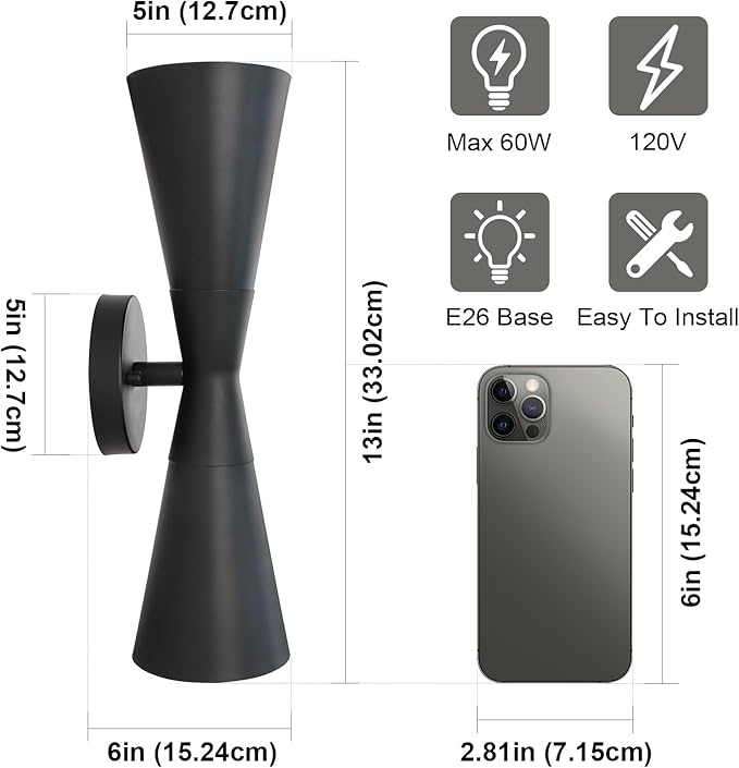 Wall Sconces Set of Two, Bathroom Sconces Wall Lighting 13 inch Black Modern Sconces Wall Decor Set of 2 Indoor Wall Light Fixtures for Living Room Hallway Staircase Bedroom Hardwired