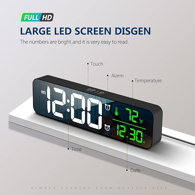 Digital Clock, Clock for Bedroom, Digital Wall Clock, Clocks for Living Room Decor, Desk Clock, Table Clock, Digital Clock Large Display, Smart Alarm Clock for Office Green (Wired Black+Green Digit)