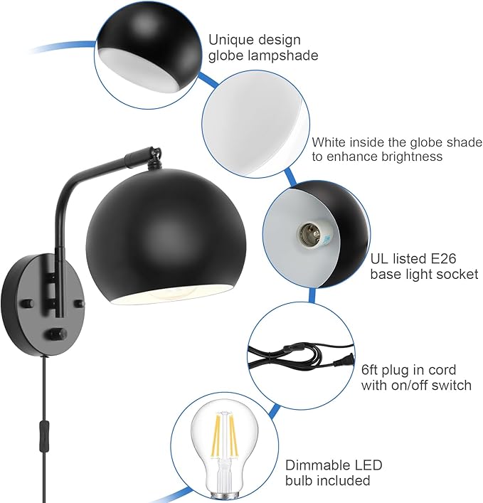Dimmable Wall Sconces Set of 2, Plug in Wall Sconces Swing Arm Wall Lights with Plug in Cord and Dimmer On/Off Knob Switch, Black Globe Wall Light for Bedside Bedroom Bathroom(2 Bulbs Included)