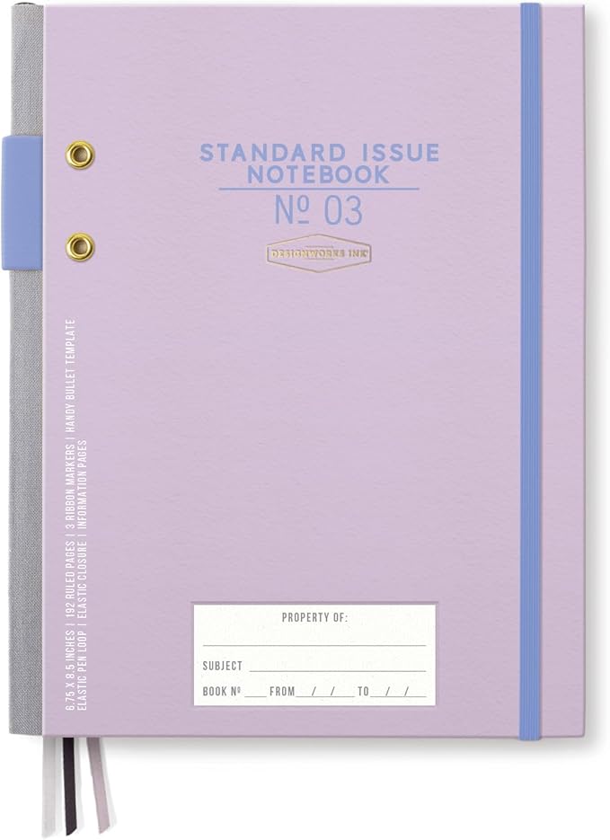 DesignWorks Ink Standard Issue Notebook No. 3 – 6.75" x 8.5" Undated Daily Planner & Writing Journal, 192 Lined Pages, Pen Holder, Small Notebook for Work & Journaling - Lavender & Periwinkle