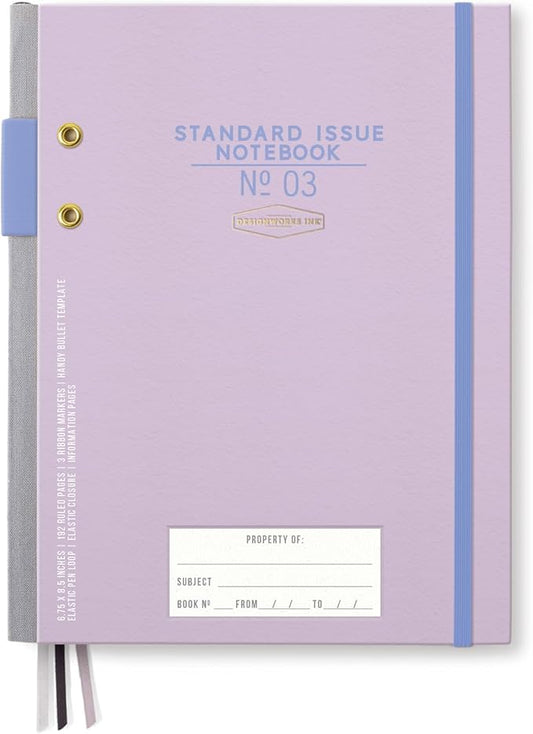 DesignWorks Ink Standard Issue Notebook No. 3 – 6.75" x 8.5" Undated Daily Planner & Writing Journal, 192 Lined Pages, Pen Holder, Small Notebook for Work & Journaling - Lavender & Periwinkle