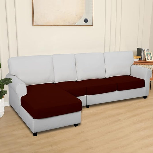 Easy-Going 100% Waterproof 4 Pieces Couch Cushion Covers for Sectional Sofa Left/Right L Shape Chaise Lounge Sofa Seat slipcover Anti-Slip Sofa Cover (3 Seater + 1 Chaise, Wine
