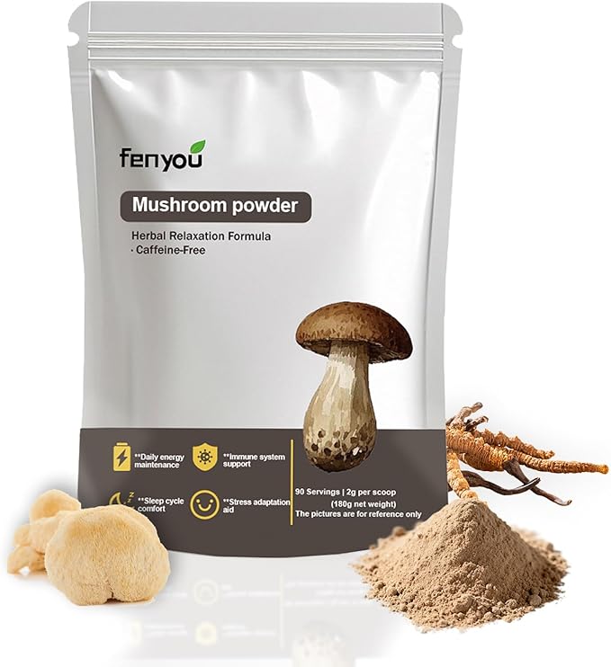 Mushroom Powder, 16-Mushroom Adaptogen Blend with L-Theanine for Coffee, Tea, Milk, Fruit Salad, Smoothies, or Recipes (180g/90 Servings)