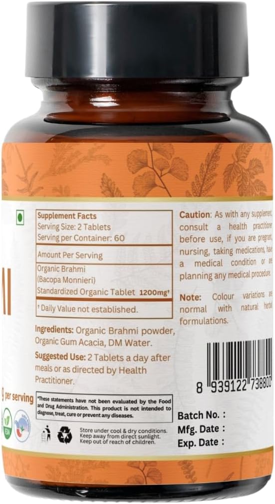 Brahmi 120 Tablets – USDA Organic Bacopa Monnieri Supplement – Supports Focus, Calm & Memory – Herbal Nootropic* - Pack of 2