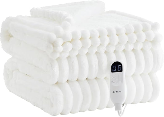 Bedsure Electric Blanket Twin - Thick Striped Flannel Electric Blanket, Heating with 10 Time Settings, 6 Heat Settings, and 8-Hour Timer Auto Shut Off, Gift for Grandma (62x84 inches, White)