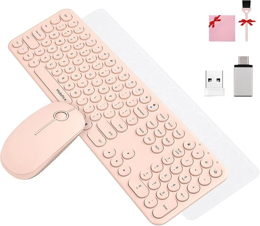 Cute Keyboard and Mouse Wireless for PC Computer/Laptop/Windows/Mac/Tablets, Ultra-Thin 2.4GHz USB Cordless Full-Sized Silent Retro Computer Keyboard Mouse Combo (Pink)