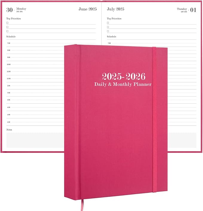 2025-2026 Daily & Monthly Planner - 2025 2026 Academic Year Planner One Page Per Day from July 2025 to June 2026, Hourly Appointment Book Perfect Organizer Daily Life, Fabric Cover, 5.8'' x 8.3'', Pink