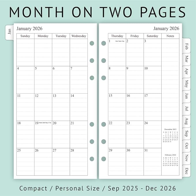newestor 2025-2026 Planner Refill, Monthly, 3-3/4" x 6-3/4", Sep 2025 to Dec 2026, Personal/Portable Size