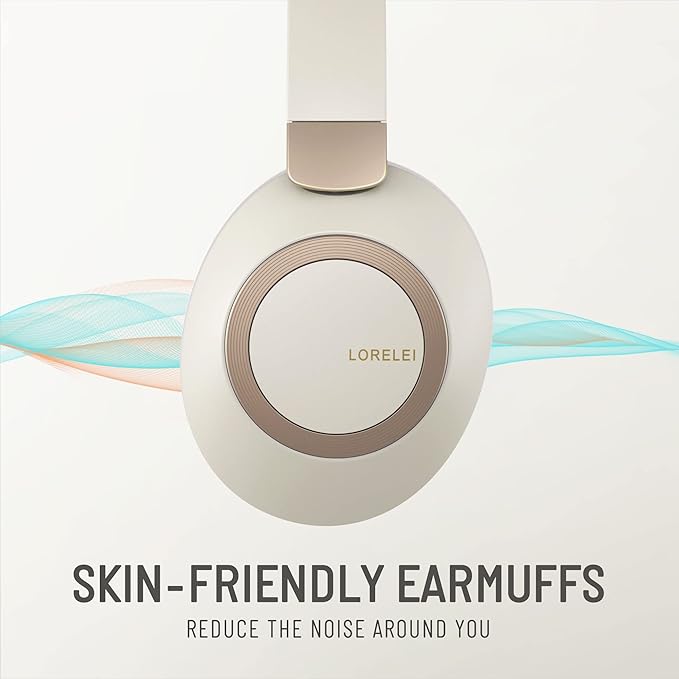 LORELEI B-C6 Wireless Over Ear Headphones, 50H Playtime Foldable Lightweight Bluetooth Headsets, Deep Bass, Built-in Microphone, Memory Foam Earmuff, for Travel, Home Office (Beige White)