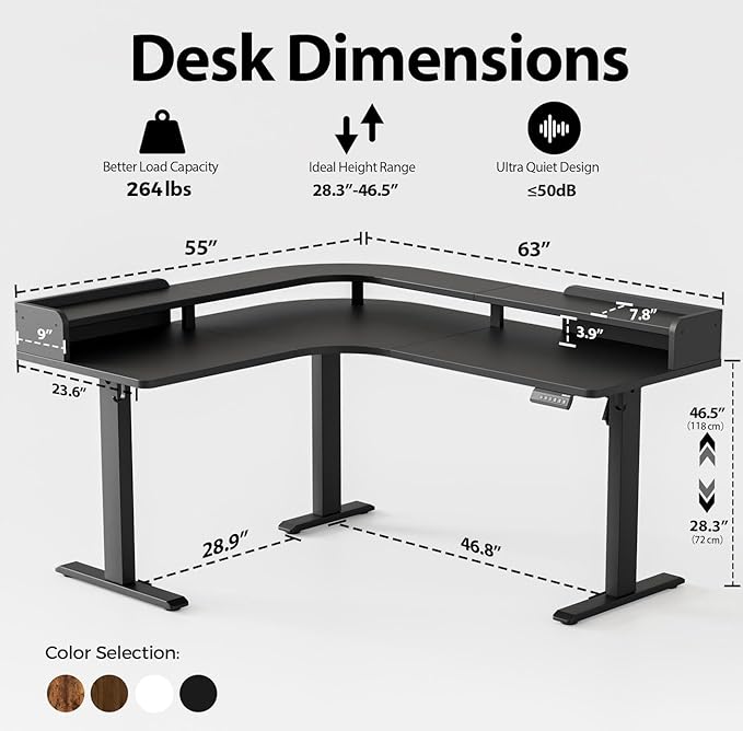 Agilestic L Shaped Standing Desk, Corner Desk with Monitor Shelf, Adjustable Height Gaming Table, Sit Stand Up Table, 63 x 55 Inch Home Office Computer Workstation, Splice Board, Black