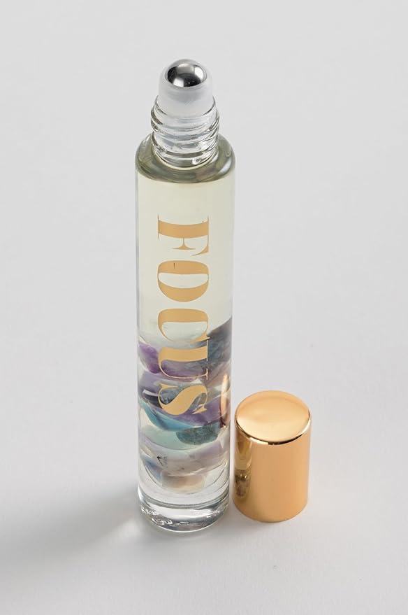 Essential Oil Rollerballs, .34 OZ, Focus - Fluorite Crystal Infused - Scents of Orange, Ginger, Ylang-ylang, & Lavender - Aromatherapy Roll On Oils, Skin Care, Massage