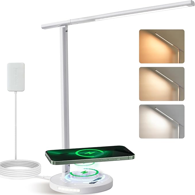 LED Desk Lamp with Wireless Charger, Stepless Dimming Desk Light with 3 Color Modes, Foldable Eye-Caring Study Reading Table Lamp with Night Light for College Dorm Home Office Bedroom Beside(White)