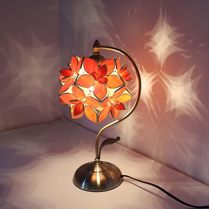 Bieye L10922 Tiffany Style Stained Glass Flower Petal Table Lamp with Brass Base for Home Décor (Orange, 8" Rose Lily)