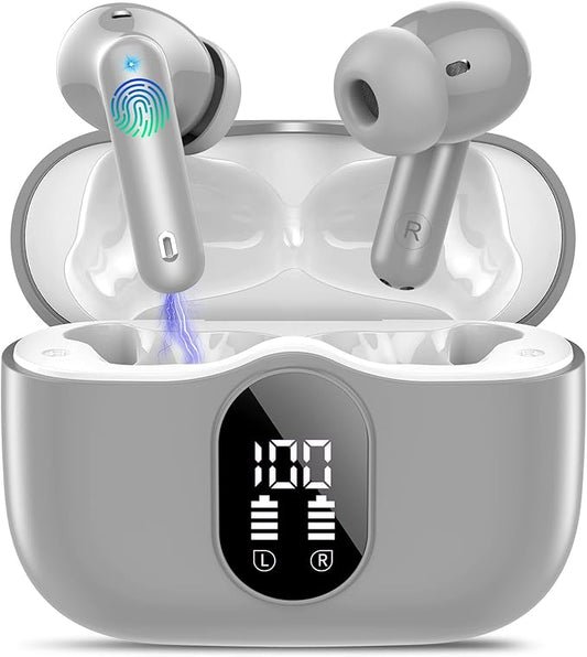 Wireless Earbuds, Bluetooth 5.4 Headphones Bass Stereo, Ear Buds with Noise Cancelling Mic, IP7 Waterproof in Ear Earphones, 36H LED Display Bluetooth Earbuds for Laptop Pad Phones Sports, Grey