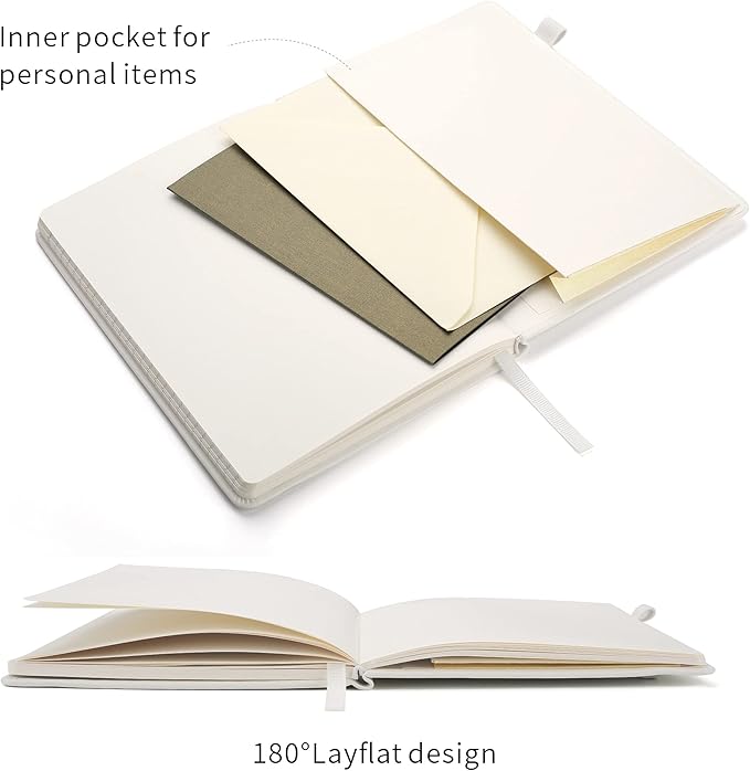 Deziliao Lined Journal Notebooks with Pen Loop, Hardcover Notebook Journal for Work, 100Gsm Premium Thick Paper with Inner Pocket, Medium 5.7"x8.4", （White, Ruled）