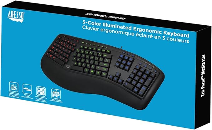 Adesso Tru-Form 150 3-Color Illuminated USB Ergonomic Keyboard AKB-150EB