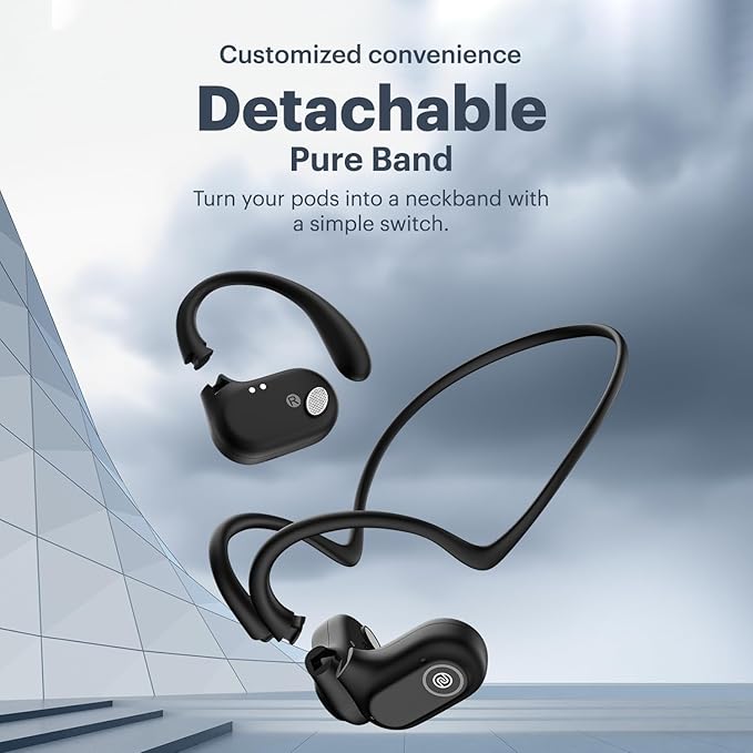Pure Pods – Wireless Open-Ear (OWS) Earbuds with AirWave Tech, 80H Playtime, Detachable Neckband, Sweat-Resistant, Running, Gym & Hiking, Ultimate Comfort, No Ear Fatigue (Power Black)