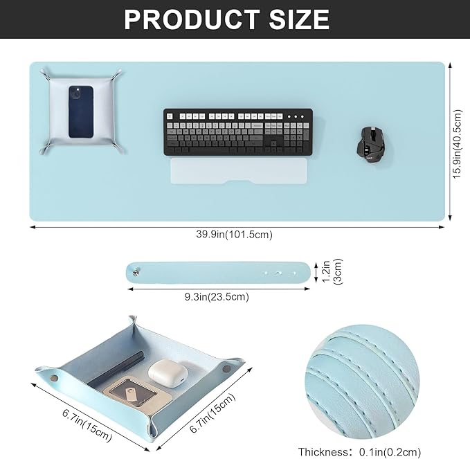DAWNTREES Dual Sided Desk Mat,Leather Desk Pad,40"x16",Cork Desk Mat Protector,with PU Leather Valet Tray Organizer,Large Mouse Pad,Desk Writing Pad for Office and Home(Light Blue)