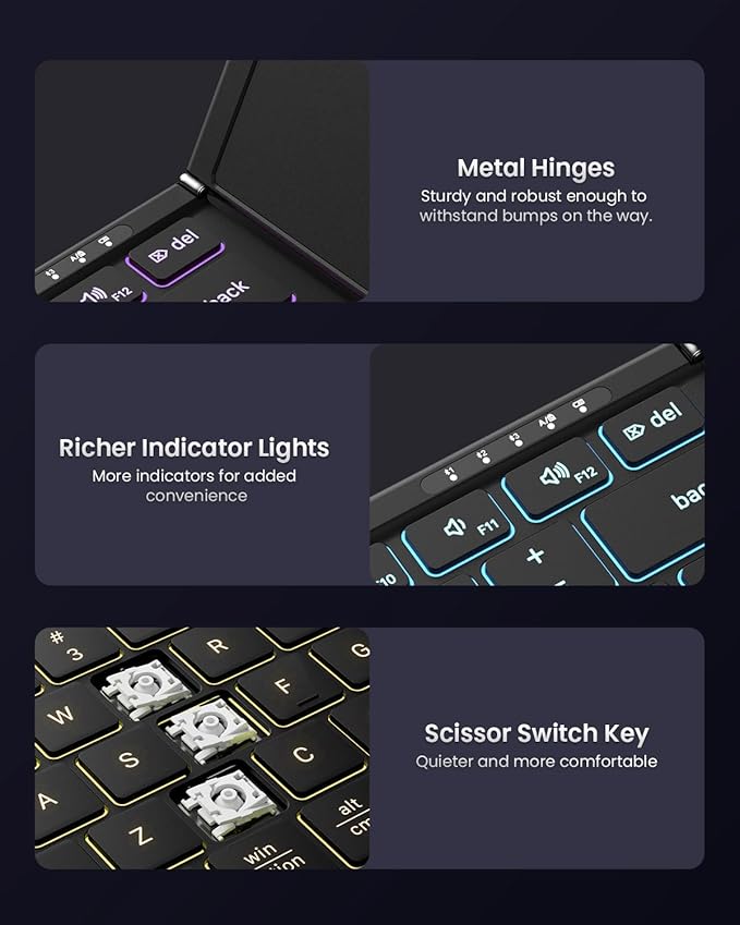 Samsers Foldable Bluetooth Keyboard with Touchpad, Full-Size Wireless Folding Keyboards with Backlight, Portable Travel for iOS Android Windows Mac OS, Support 3 Device(BT5.1 x 3), Black