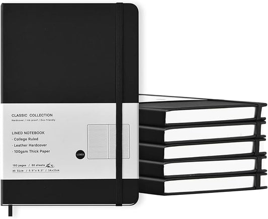 6 Pack A5 Journal Notebooks College Ruled Notebook Classic Leather Hardcover Lined Journals for Writing Office School Home Business, 8.3 x 5.5 Inches, 100GSM Thick Paper, 160 Pages (Black, 6 Pack)