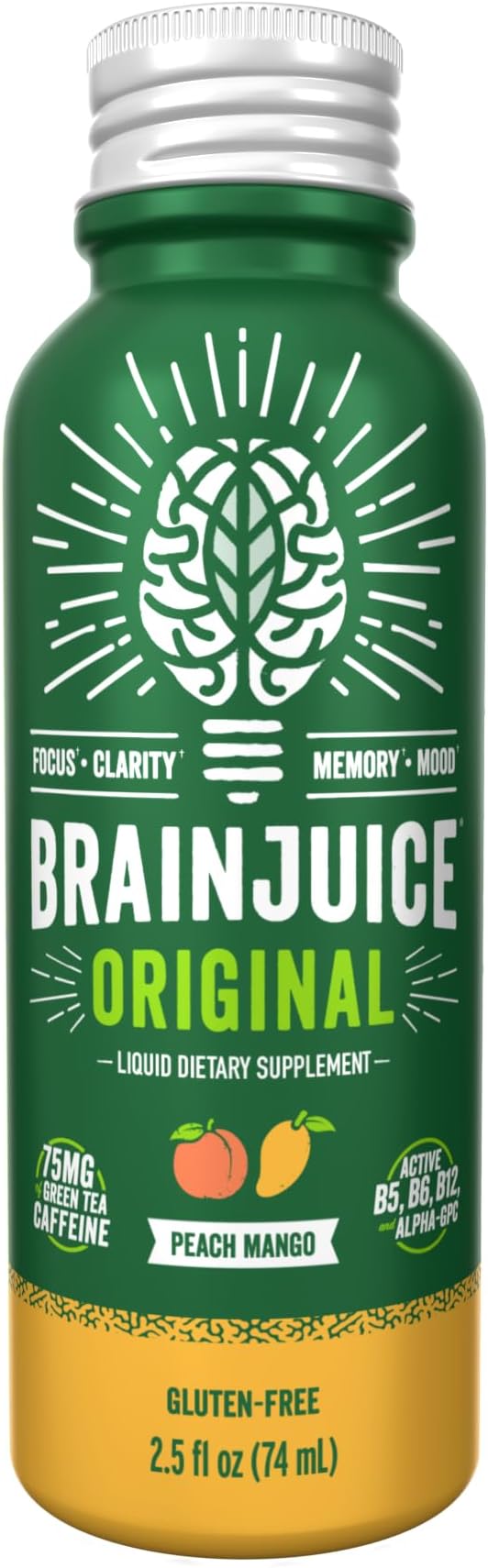 BrainJuice Brain Support Shot, Gluten Free Supplement Shots for Energy & Focus, Healthy Drinks with Alpha GPC, Vitamin B & Organic Green Tea Extract Caffeine, Peach Mango, 2.5 fl oz, 12 Pack