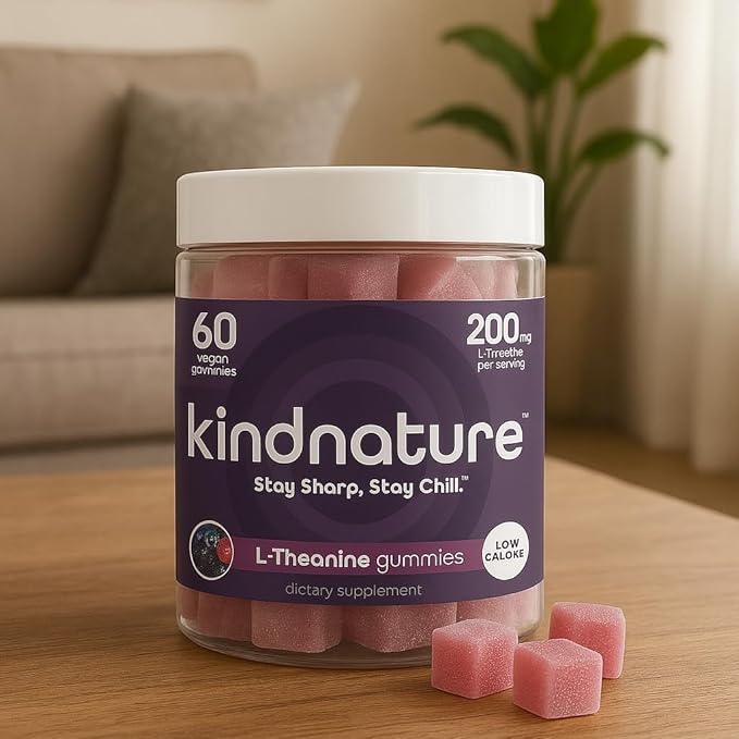 kindnature L-Theanine Gummies 200mg – Vegan Calm & Focus Supplement for Adults & Kids Ages 4+ – Mixed Berry Chewable, Low Sugar, Non-Drowsy*