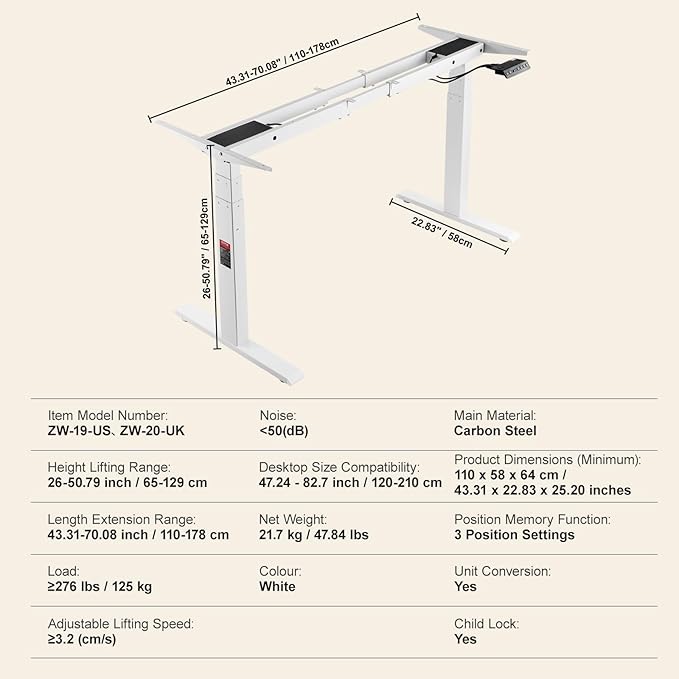 VEVOR Dual Motor 3 Stage Standing Desk Frame, Adjustable 26"-50.8" Height & 43.3"-70.1" Length Electric Stand Up Computer Desk Legs, Ergonomic DIY Workstation Base for Home Office(Frame Only)