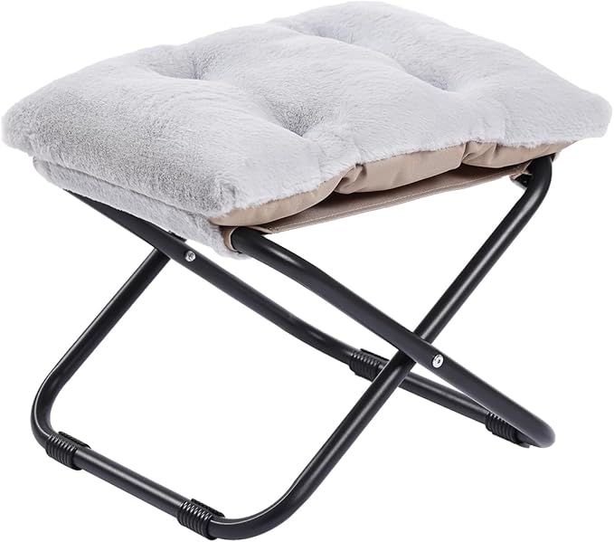 LITA Folding Footrest Stool, Portable Ottoman Foot Rest, Upholstered Small Foldable Ottoman Stool with Detachable Thick Cotton Cushion Padded Sofa Stool for Living Room, Bedroom, Plush Grey