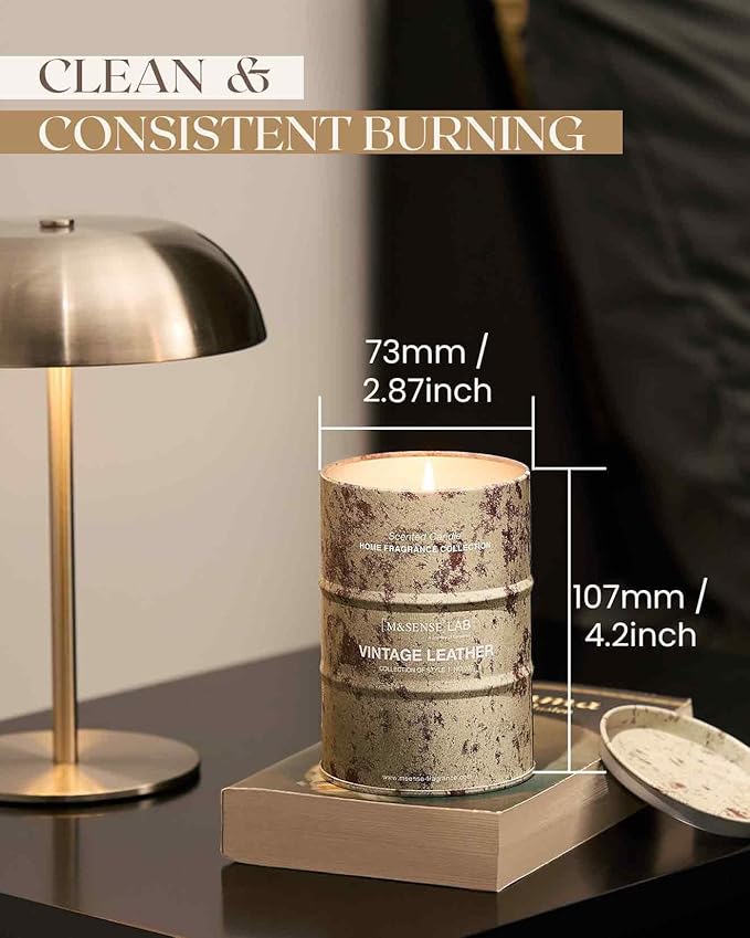 M&SENSE Vintage Leather Scented Candles Natural Non Toxic, Aromatherapy Candle for Stress Relief Meditation Relaxing, Housewarming Gifts for Women Men, 11.3oz 70 Hour Long Burning