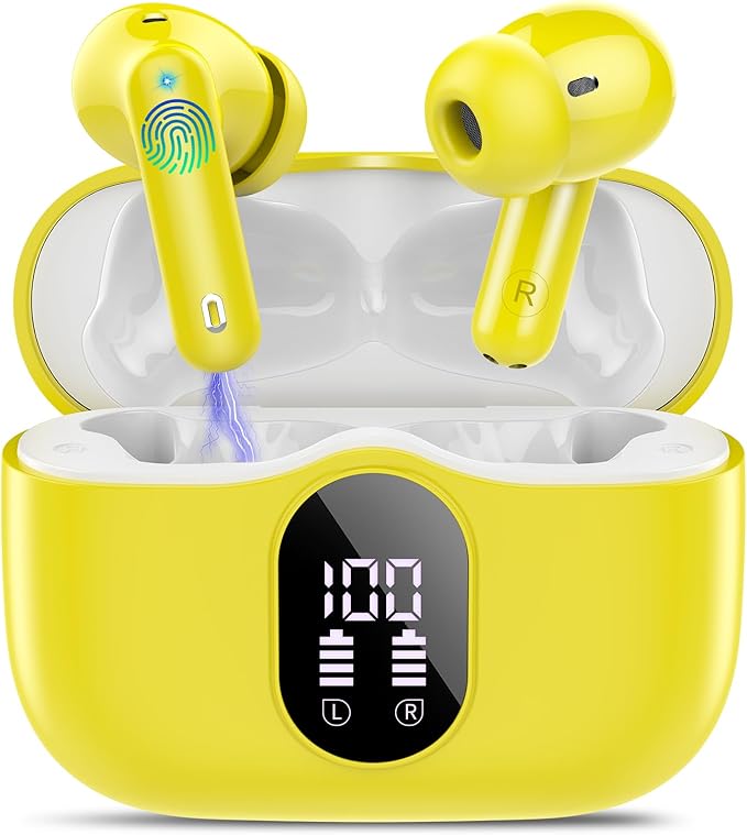 Wireless Earbuds, Bluetooth 5.4 Headphones Bass Stereo, Ear Buds with Noise Cancelling Mic, IP7 Waterproof in Ear Earphones, 36H LED Display Bluetooth Earbuds for Laptop Pad Phones Sports, Yellow