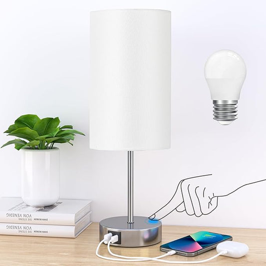 AKASUKI Table Lamp for Bedroom, 3 Way Dimmable Touch Lamp with Dual Charging Station, Small Bedside Lamps for Night Stands, Living Room, Office(LED Bulb Included)