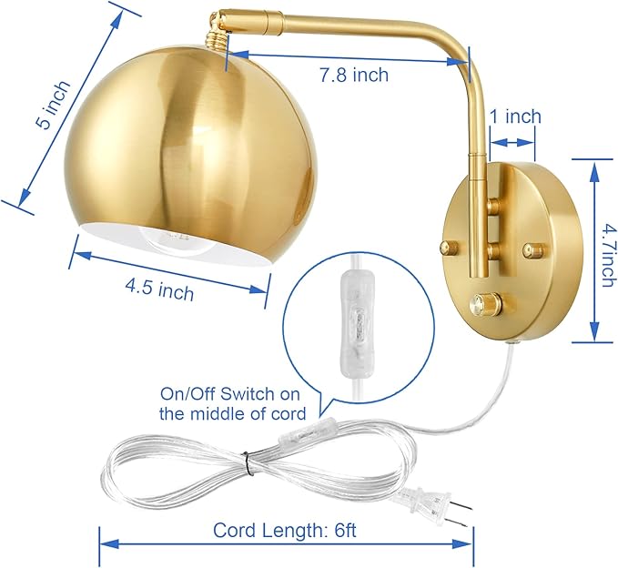 Wall Sconces Plug in, Dimmable Wall Sconce Swing Arm Wall Lights with Plug in Cord and Dimmer On/Off Knob Switch, Brushed Brass Globe Wall Light for Bedroom Bedside Hallway(2 Bulbs Included)