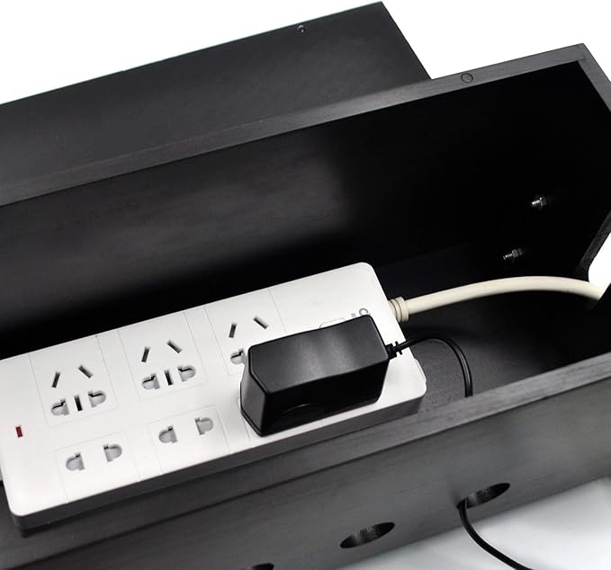 Large Cable Management Box, Wood Cord Hider Box & Organizer for Power Strip Hider Cable Storage for Office, TV Wires, Desk Cord Organizer, 14.2" x 6" x 6.3", Black, Wood