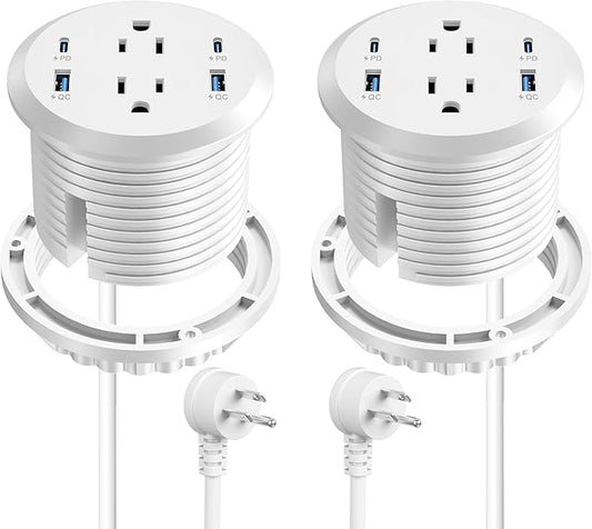 3 inch Desktop Power Grommet USB C,65W Fast Charging Station,Furniture Recessed Power Strip,2 Outlets,4 USB Ports,Flush-Mount for Desktop, Workspace Essential Desk Outlet,2 Pack (White)