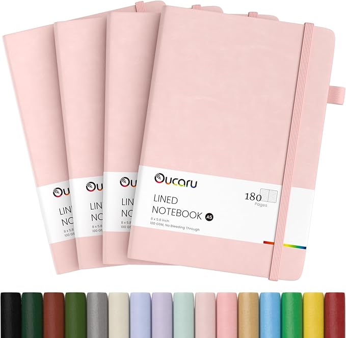 Oucaru Lined Journal Notebook, 4 Pack, 180 Pages, A5 Journals for Writing, 100 GSM Thick Paper, Small Notebooks Daily Journal for Women Men Work, Business, School, Travel Supplies