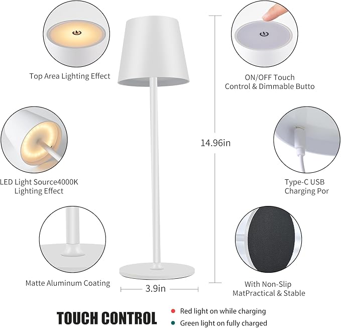 BGFHome Cordless Table Lamp LED Desk Lamp,5000mAh Rechargeable Touch Night Light Lamp,Wireless Minimalist Design for Restaurant/Bedroom/Bars/Outdoor Party/Camping/Coffee Shop（White）