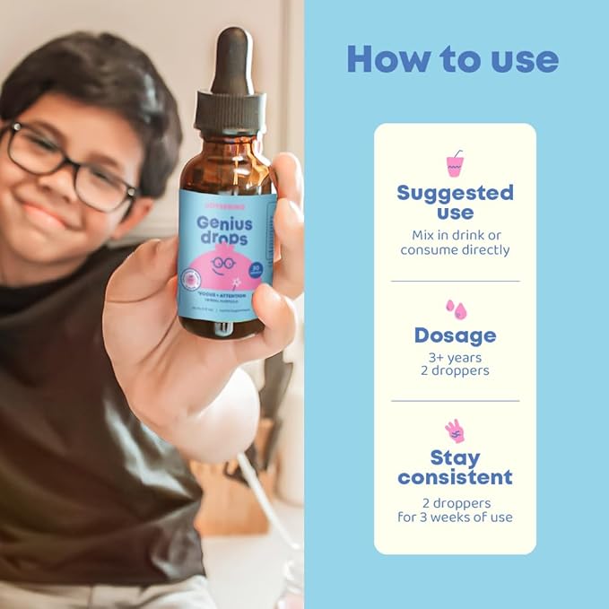 JoySpring Genius Drops Smartberry Vanilla | Herbal Focus Support for Kids with Ginkgo Biloba, Licorice Root, Gotu Kola Extract, Peppermint Leaf | Liquid Formula|1fl oz (30 Servings)