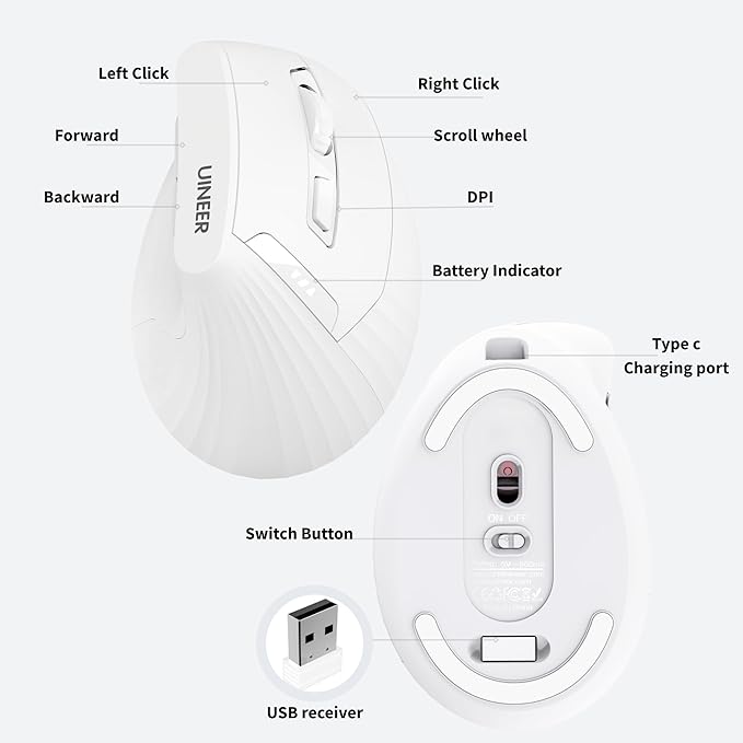 Vertical Mouse Wireless, 2.4G Rechargeable Mouse with Battery Indicator,4 Level DPI,Ergonomic Design for Comfort and Reduced Wrist Strain, Ideal for Home,Office Use (White)