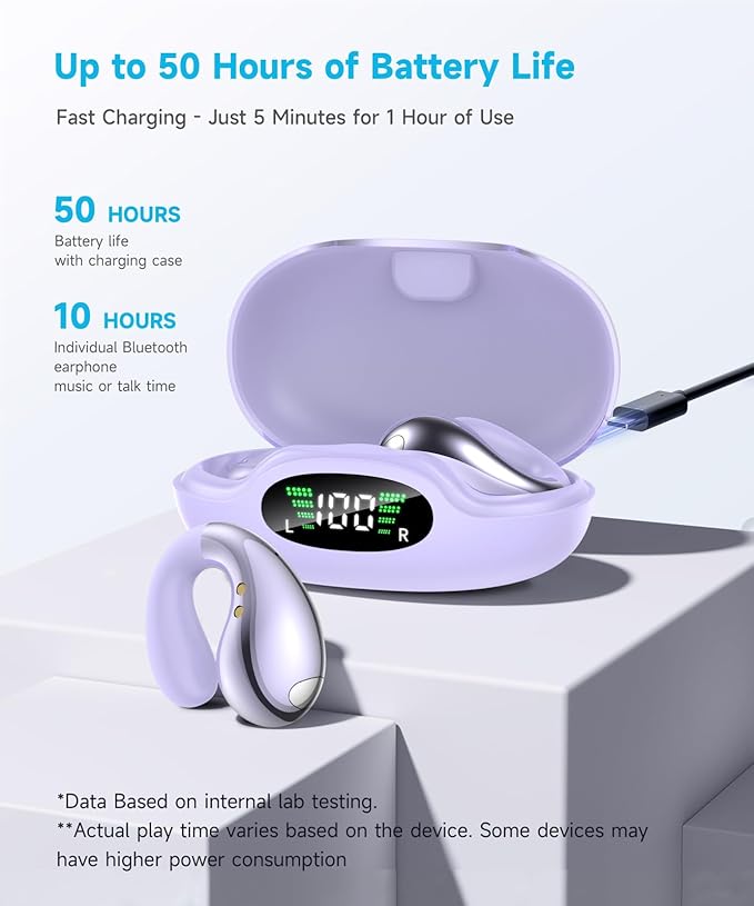 Ultra Open-Ear-Earbuds Wireless Bluetooth - Ergonomic Clip-On Earbuds, Bone Conduction Over-The-Ear Headphones with Waterproof Design and Secure Fit for Small Ears, Purple